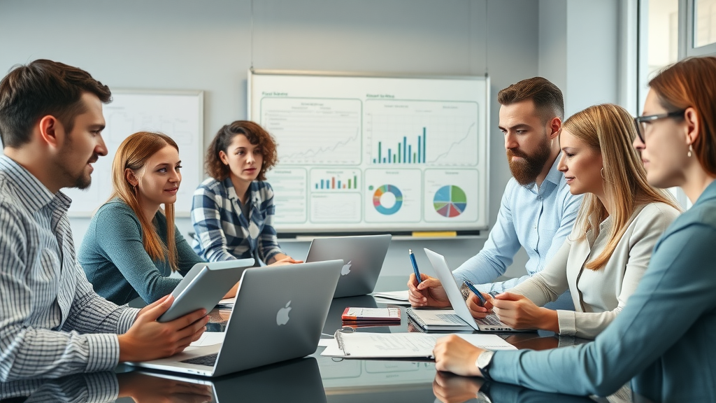 inspirierende Gruppe von SEO- und Marketingexperten analysieren gemeinsam Daten in einem modernen Konferenzraum – gemeinschaftsorientierte Suchmaschinenoptimierung (SEO)