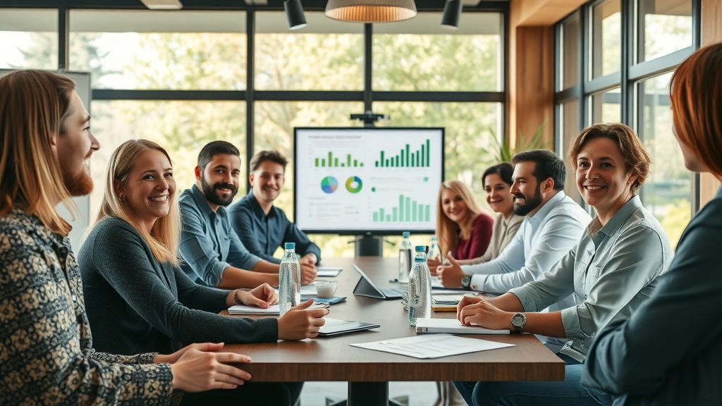 vertrauensvolle Markenkommunikation, Team präsentiert nachhaltige Marketingideen, grüne Charts im Konferenzraum