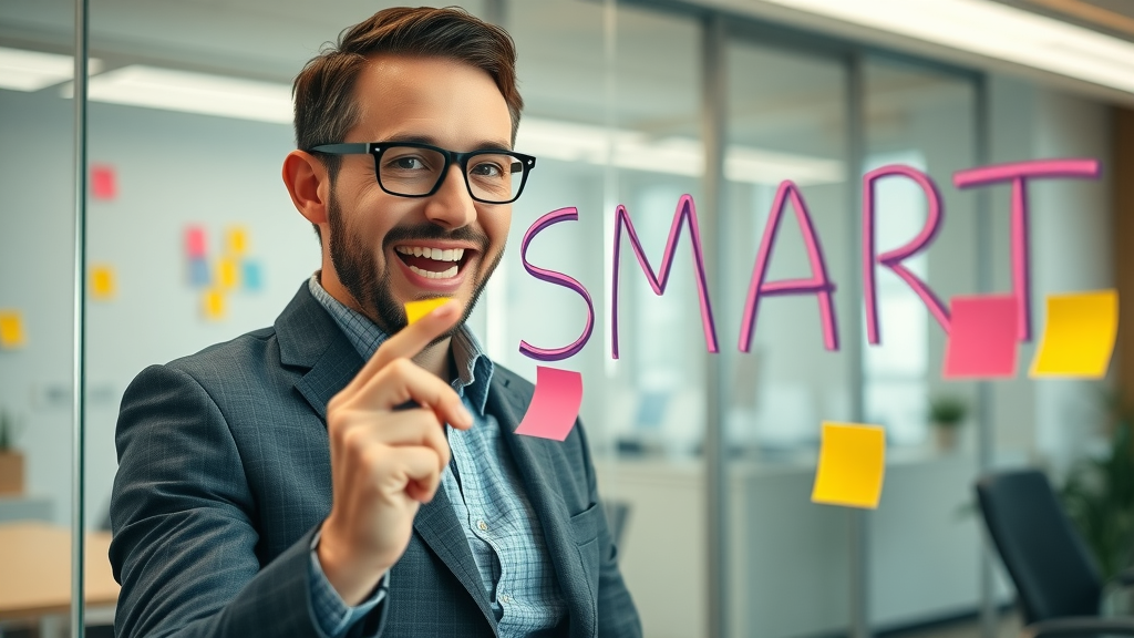 Content-Planung für zweckorientierte Marken: Markenmanager schreibt SMART-Ziele auf gläserne Tafel im Büro