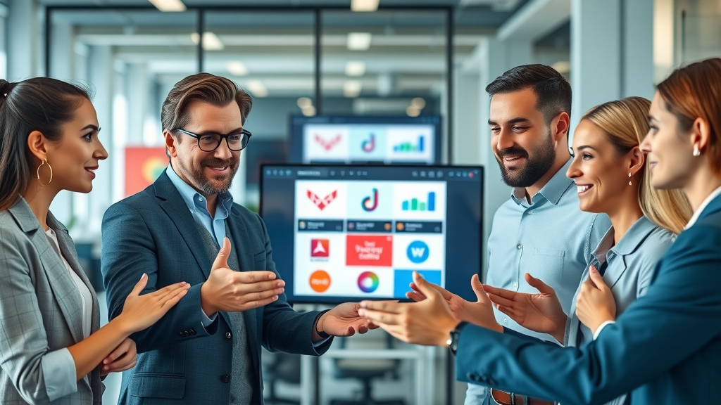 brand identity online—modern business team collaborating on digital branding strategies, sleek office, digital screens with logos and color palettes, teamwork