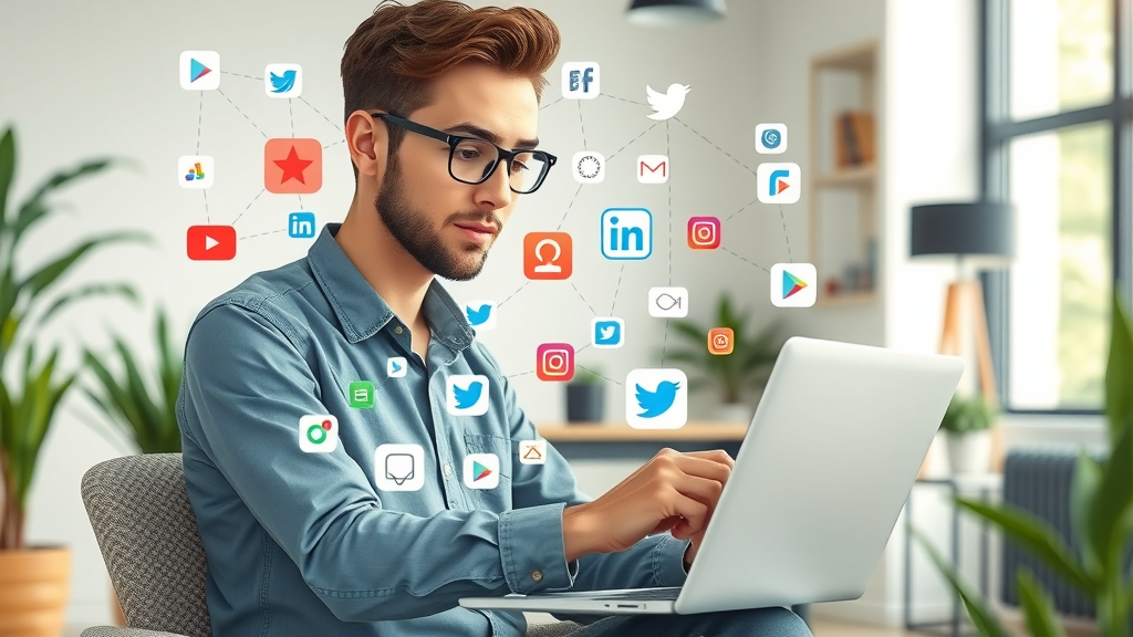 professional social media network collage, abstract major platforms, young professional analyzing social media data on laptop
