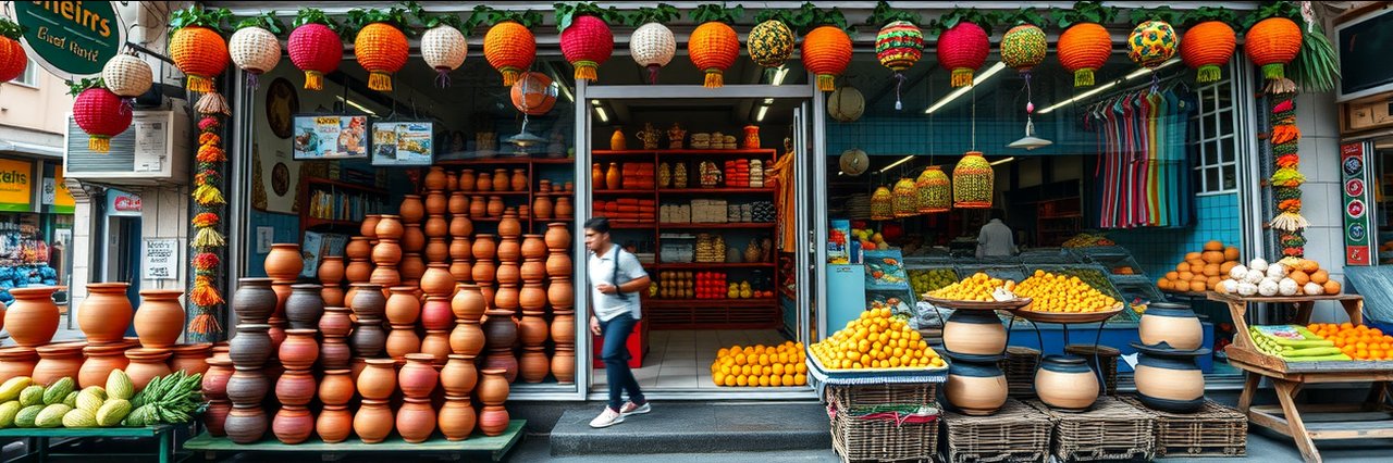 Multicultural grocery storefront with festive displays and meta datenschutz richtlinien signs.