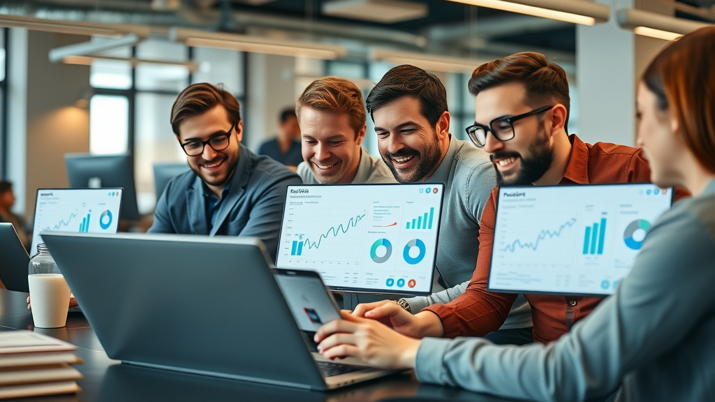 social-media-analyse, marketing team reviewing analytics software and social listening dashboards