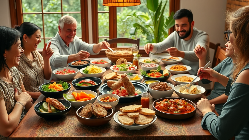 Family gathers to share diverse orientalische Spezialitäten at dinner table.