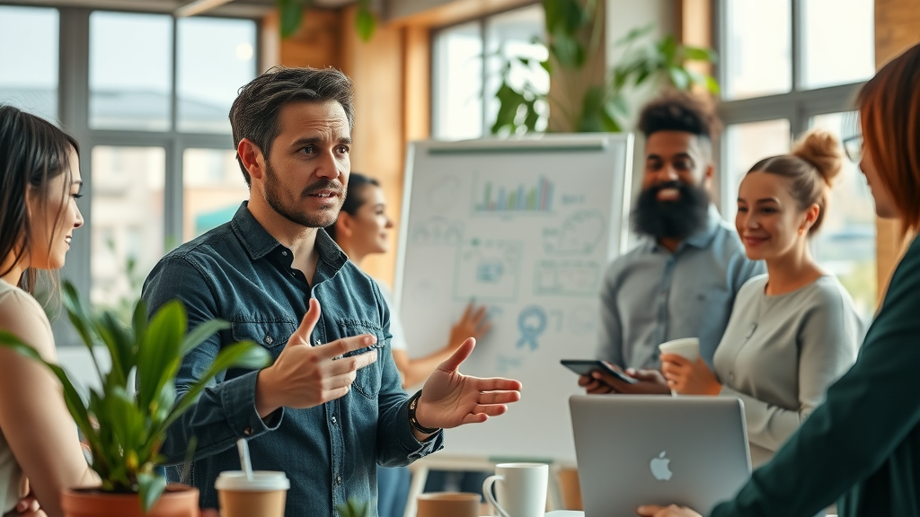 Dynamic entrepreneur leading a diverse team in a collaborative workspace, planning brand storytelling für social impact.