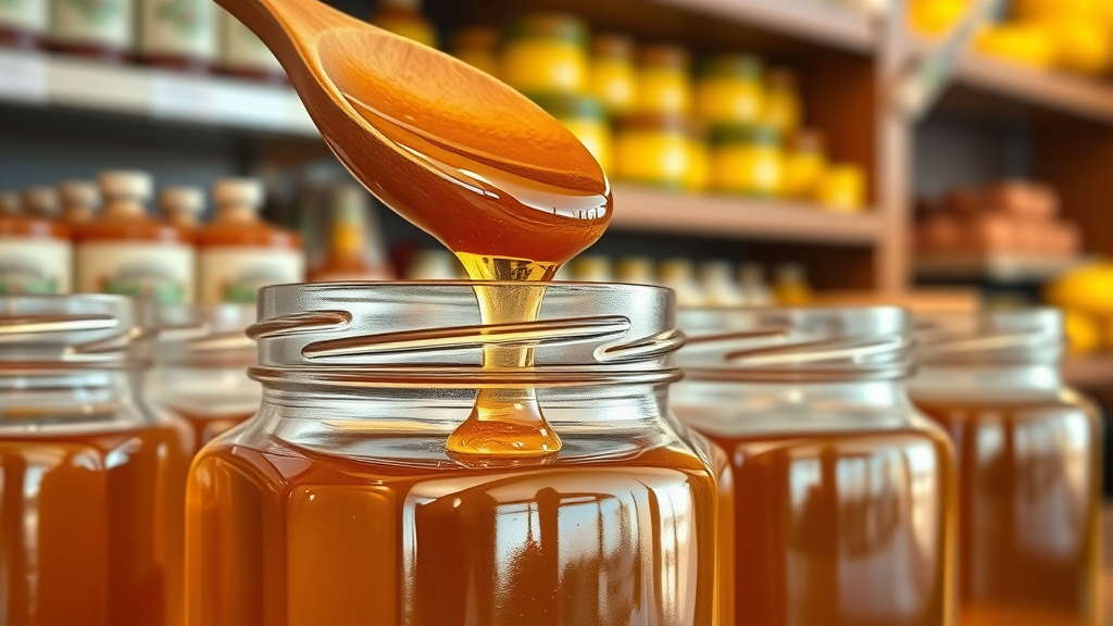 Luxurious Manuka Honig Angebote jars in organic market with golden honey dip
