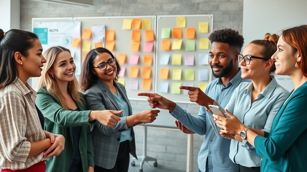 dynamic team of marketing professionals brainstorming brand voice strategies in a modern office, collaboration, innovation, creative boards, vivid colors, Brand Voice Strategy