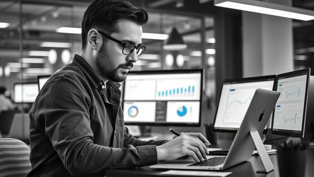 focused digital marketer comparing top content creation tools; strategien zur erstellung von inhalten; evaluating software dashboards on a laptop