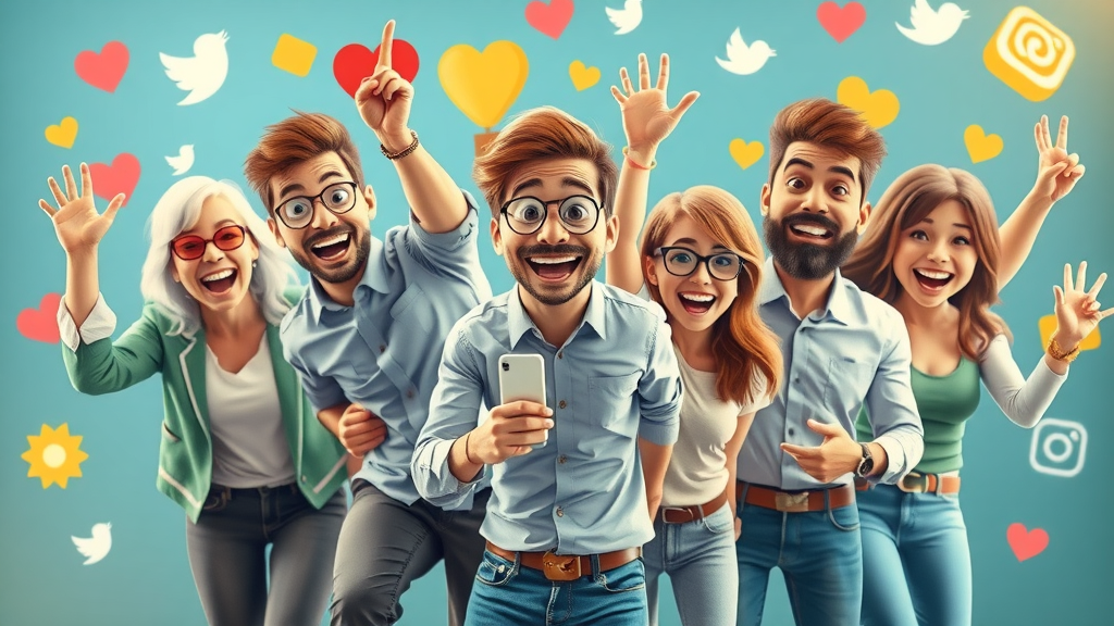 Social Media Posts erfolgreicher Social-Media-Kampagnen mit Impact für Kleinstunternehmen, verschiedene Produkte, bunte Icons und feiernde Geschäftsinhaber