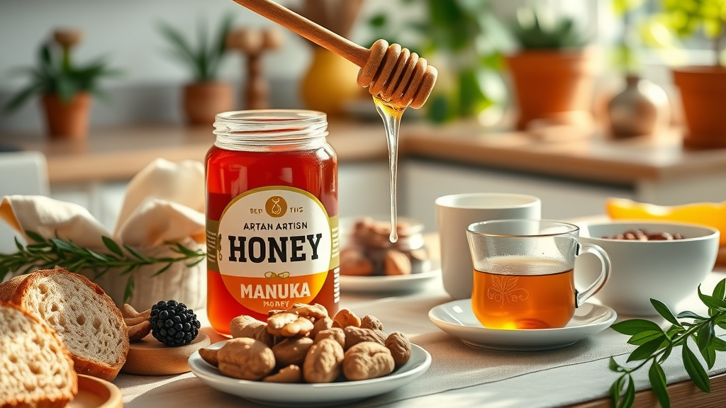 Healthy breakfast scene featuring manuka honig angebote jar and golden drizzle