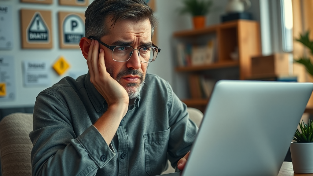 troubled small business owner reviewing digital branding mistakes, digital branding errors