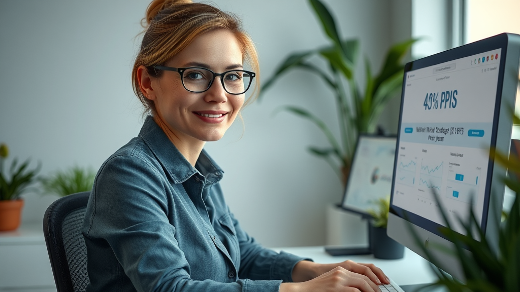 professionelle Markenstrategin überprüft KPIs ihrer digitalen markenstimme am Computer