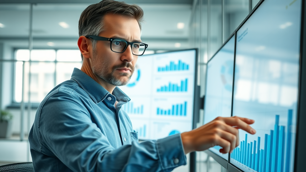insightful analytics review, social media specialist examining KPI metrics on modern analytics dashboard