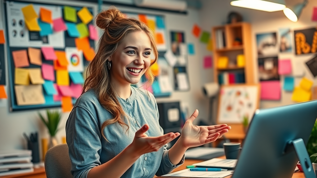 creative content creator, energetic young woman brainstorming social media post ideas with colorful mood boards and gadgets