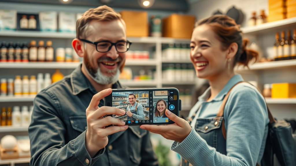 Kleines Unternehmen filmt Produkteinführung im Laden, Markenbekanntheit durch Video in sozialen Medien