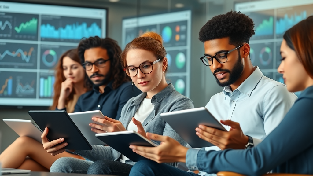 social listening in social media management, diverse team using data dashboards