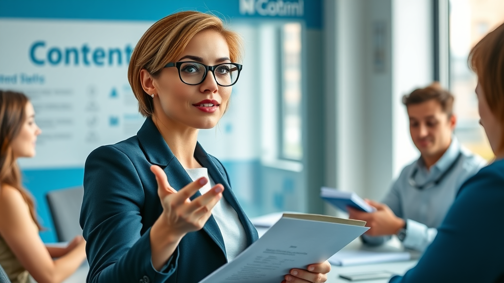 inhaltsoptimierung für markenwirkung: Selbstbewusste Geschäftsfrau präsentiert eine klare Contentstrategie vor einem Team im modernen Meetingraum mit Branding-Elementen.