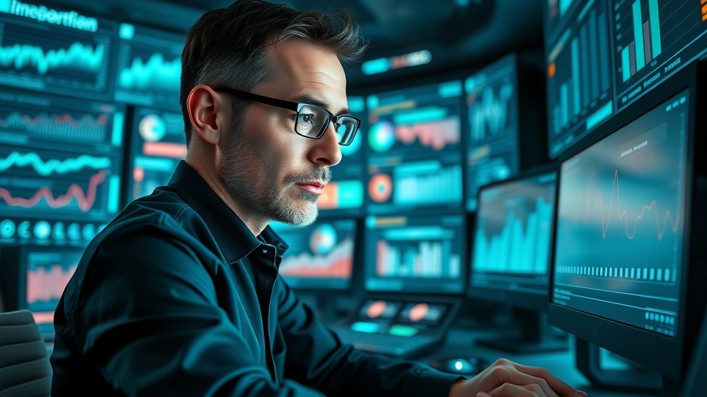 focused media manager analyzing social listening dashboards, monitoring charts and social feeds for media management insights