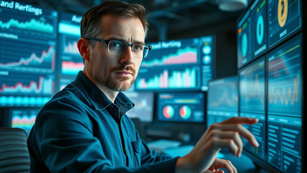 inhaltsoptimierung für markenwirkung: SEO-Spezialist analysiert Marken-Rankings auf großen digitalen Screens im futuristischen Kontrollraum.