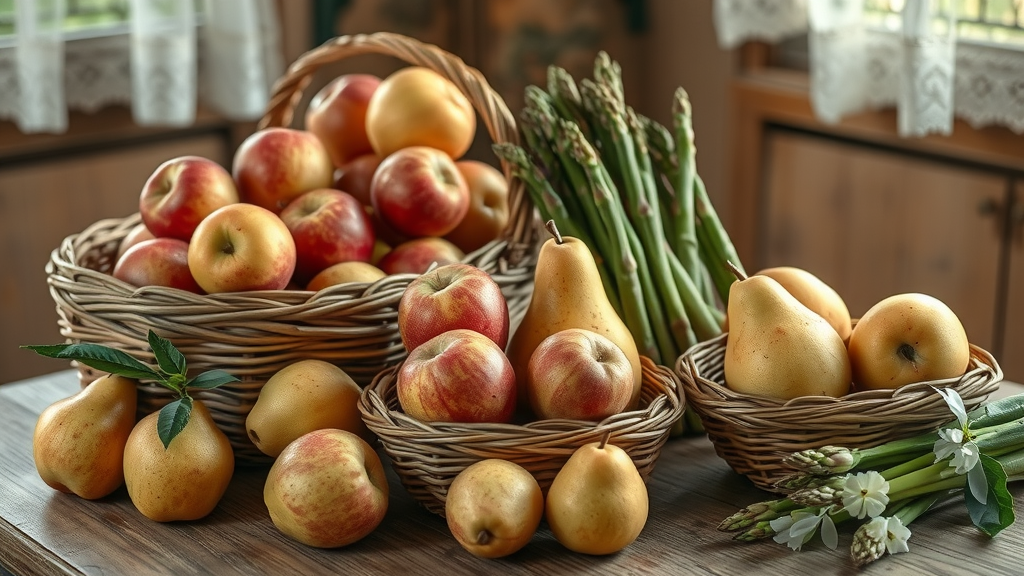 Basket of fresh regional obst gemüse on rustic kitchen table