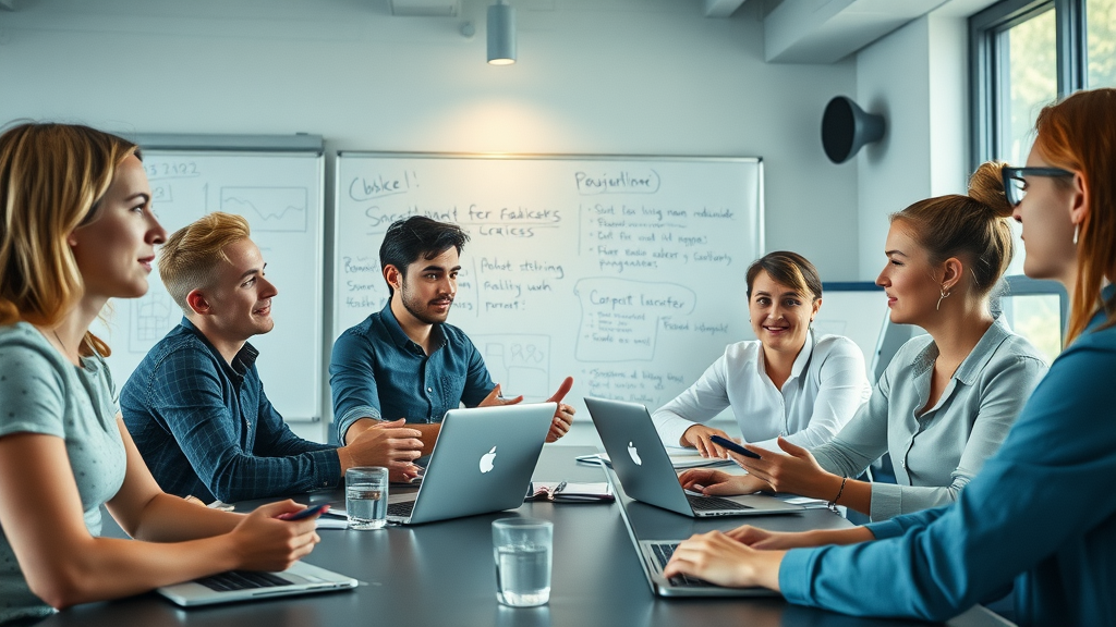 Workshop zu Social-Media-Strategien für Kleinstunternehmen mit Whiteboards und Laptops, kooperatives Team