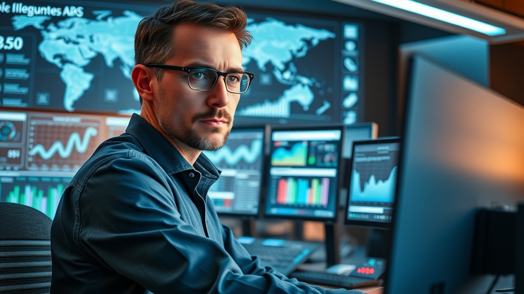 Spezialist analysiert Analytics-Dashboards für die digitale Markenstimme im futuristischen Büro