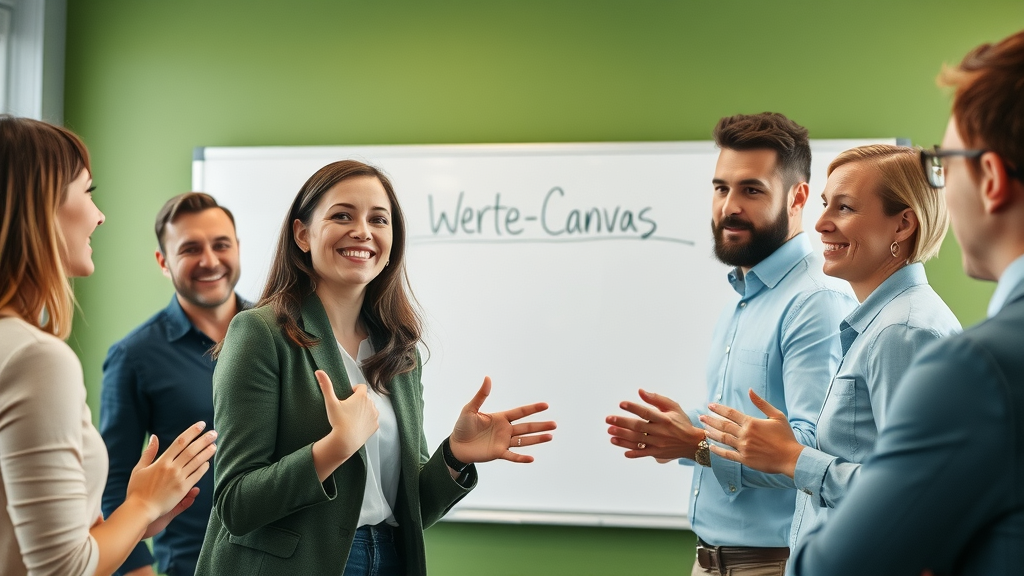Digitale Markenstimme für B Corps marketingspezialistin entwickelt Werte-Canvas im Team in modernem Büro mit Green Wall