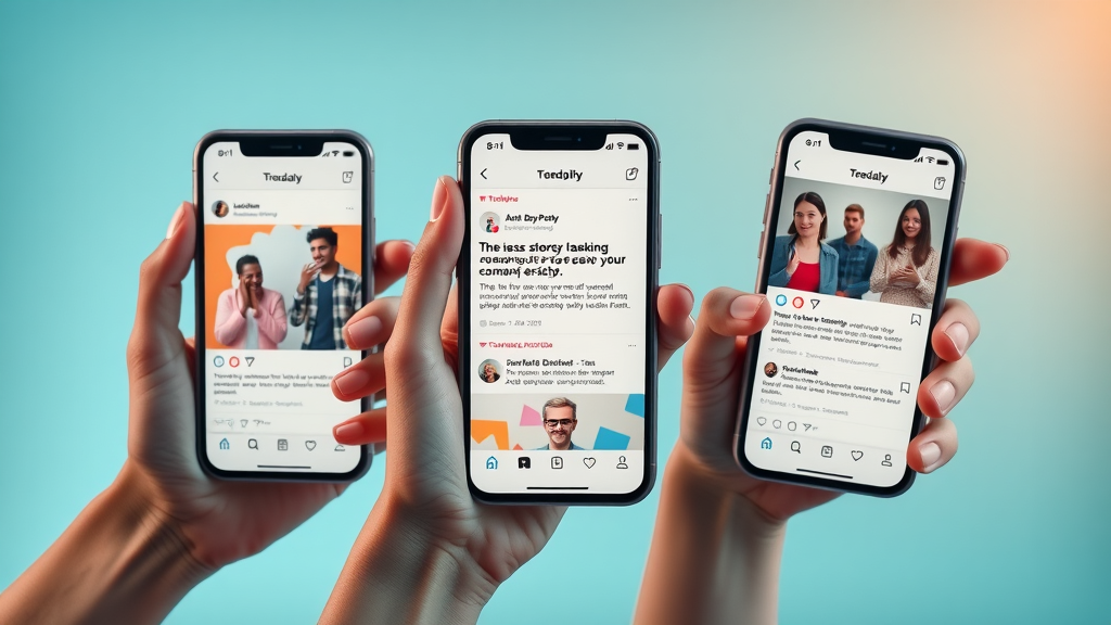 Three smartphones showing different social media stories about community action, best platforms for brand storytelling für social impact.