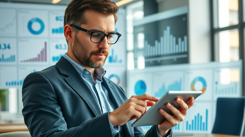 social media management für kleinstunternehmen mit impact Statistik Datenvisualisierung, europäischer Inhaber analysiert Social Media Statistik, modernes Büro