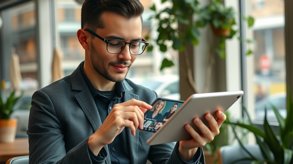 Micro-Influencer prüft Social-Media-Profile auf Tablet, Influencer-Kooperation für Kleinstunternehmen mit Impact im urbanen Café.