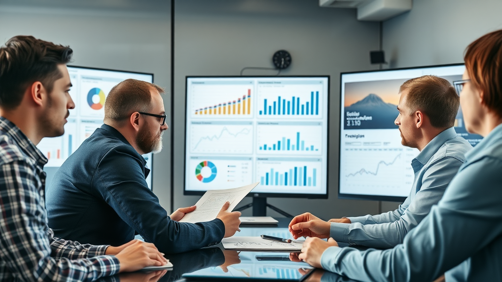 Team diskutiert SEO-Reportings und KPI-Dashboards für gemeinschaftsorientierte Suchmaschinenoptimierung (SEO)