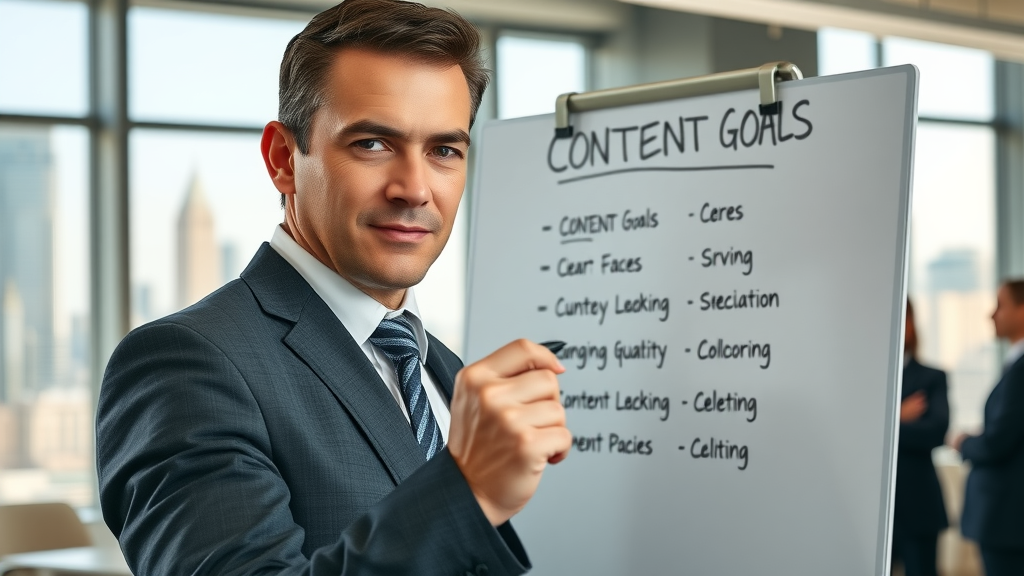 determined businessperson setting clear content goals; strategien zur erstellung von inhalten; writing strategy notes on a whiteboard