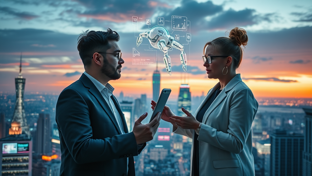 futuristic cityscape with AI-powered digital social media management interfaces and professionals analyzing trends