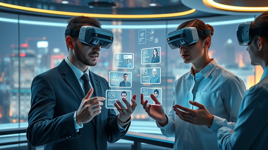 futuristic business team communicating with AI assistants, future of digital communication trends