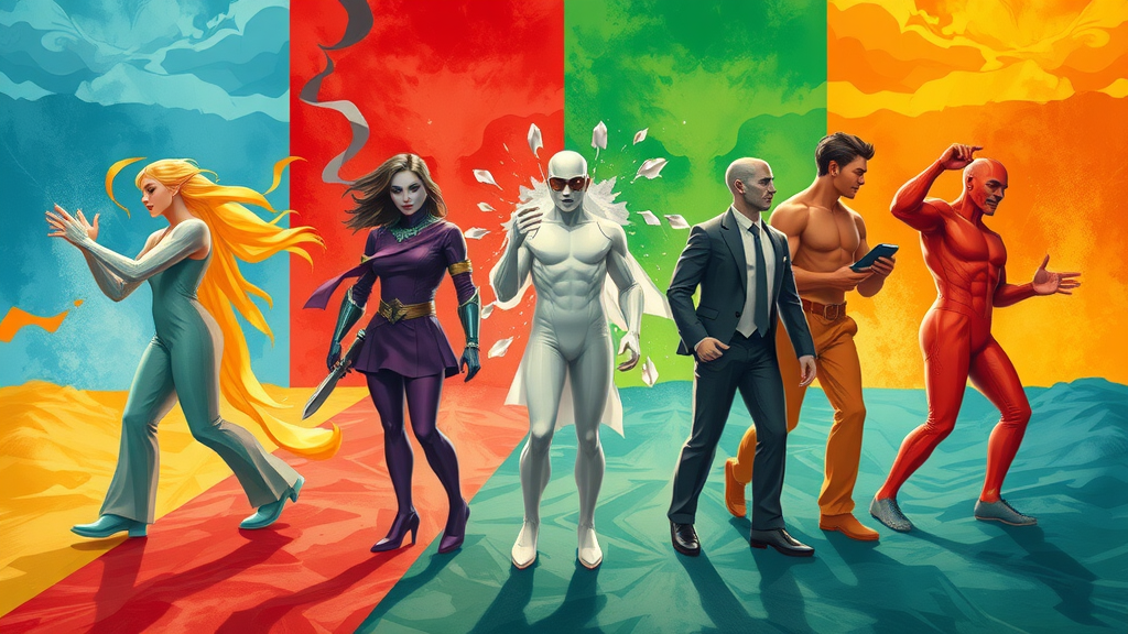 dynamic illustration of five brand archetypes symbolizing sincerity, excitement, competence, sophistication, and ruggedness, showing distinct brand personalities in vibrant areas