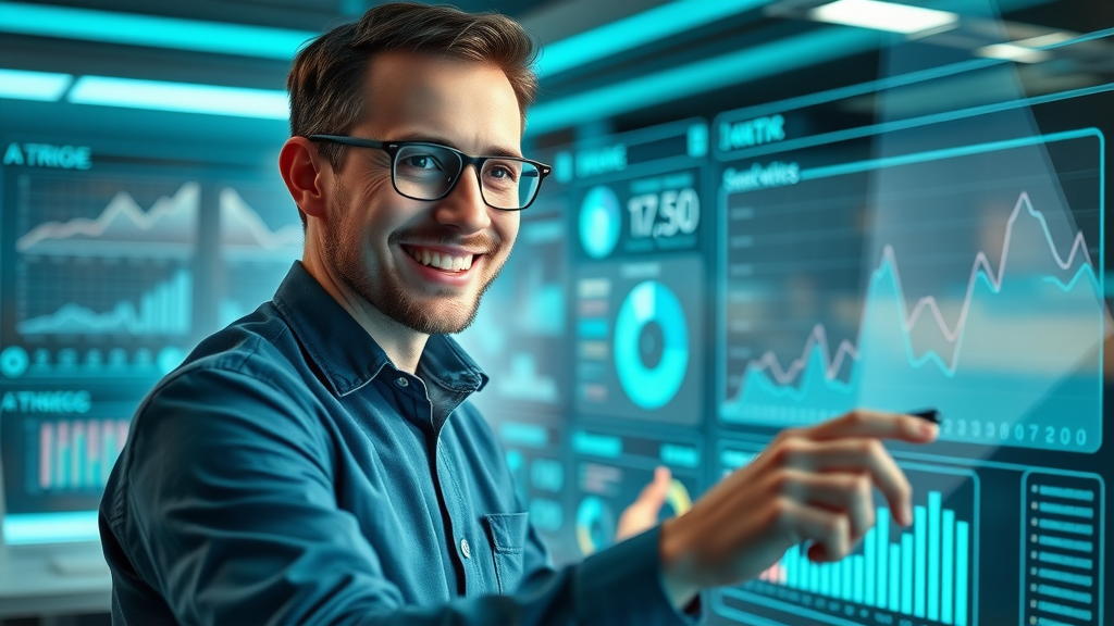 analyst reviewing brand voice strategy performance metrics, digital dashboard, future-proofing brand voice, Brand Voice Strategy