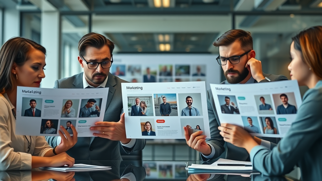 concerned marketing professionals reviewing inconsistent brand content, illustrating the cost of poor voice consistency
