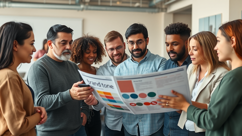 diverse creative team developing unique tone of voice for digital marketing brand in workspace