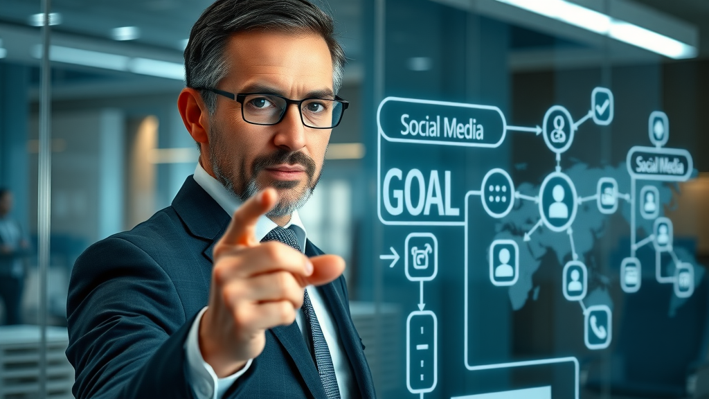 social-media-analyse, strategic leader mapping social media goals on a transparent screen in high-tech office