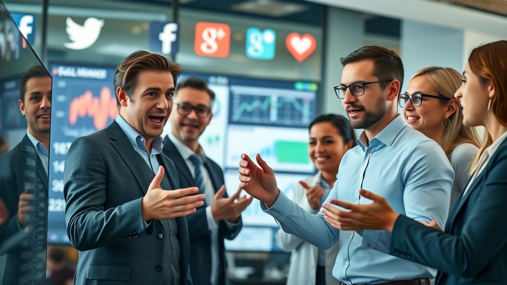business team analyzing social media marketing data and statistics, excited, discussing