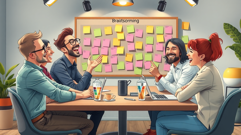 Kreatives kleines Unternehmen beim Social Media Brainstorming mit Moodboard und Post-its, inspirierende Markenbekanntheit