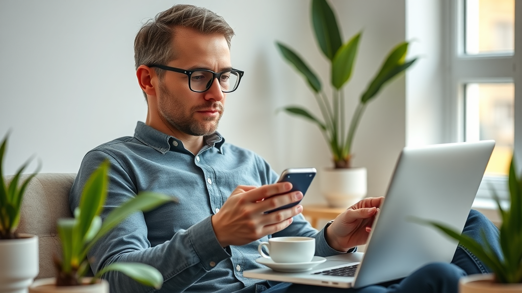 efficient marketer scheduling social media posts on phone and laptop, relaxed home office