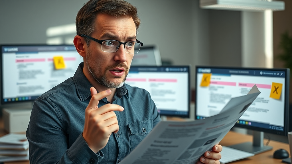 Concerned marketer noticing branding inconsistencies affecting brand tone of voice in office