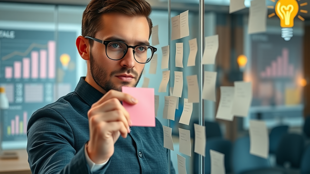 Meticulous marketer arranging sticky notes representing the elements of a strong brand story für social impact.